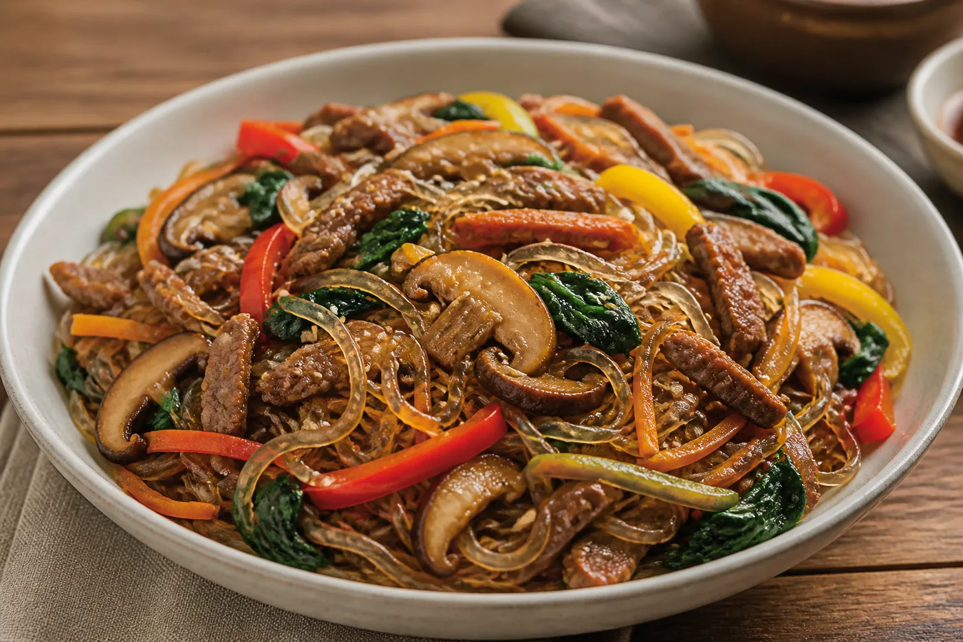 Корейская лапша чапчхэ с говядиной и овощами