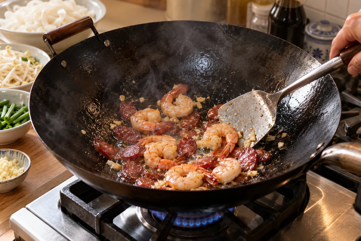 Шаг 7. Обжарьте колбасу и/или морепродукты , если используете.