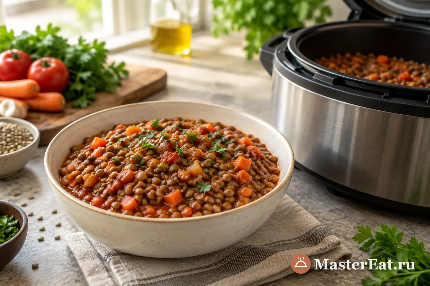 Зелёная чечевица с овощами в чаше мультиварки
