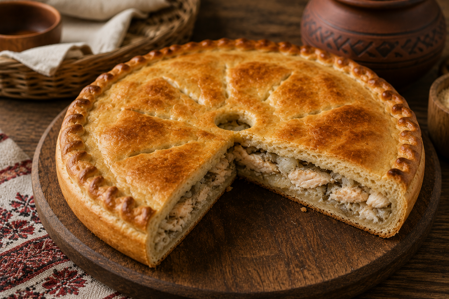 Закрытый коми рыбный пирог черинянь с судаком и мягким луком на разрезе