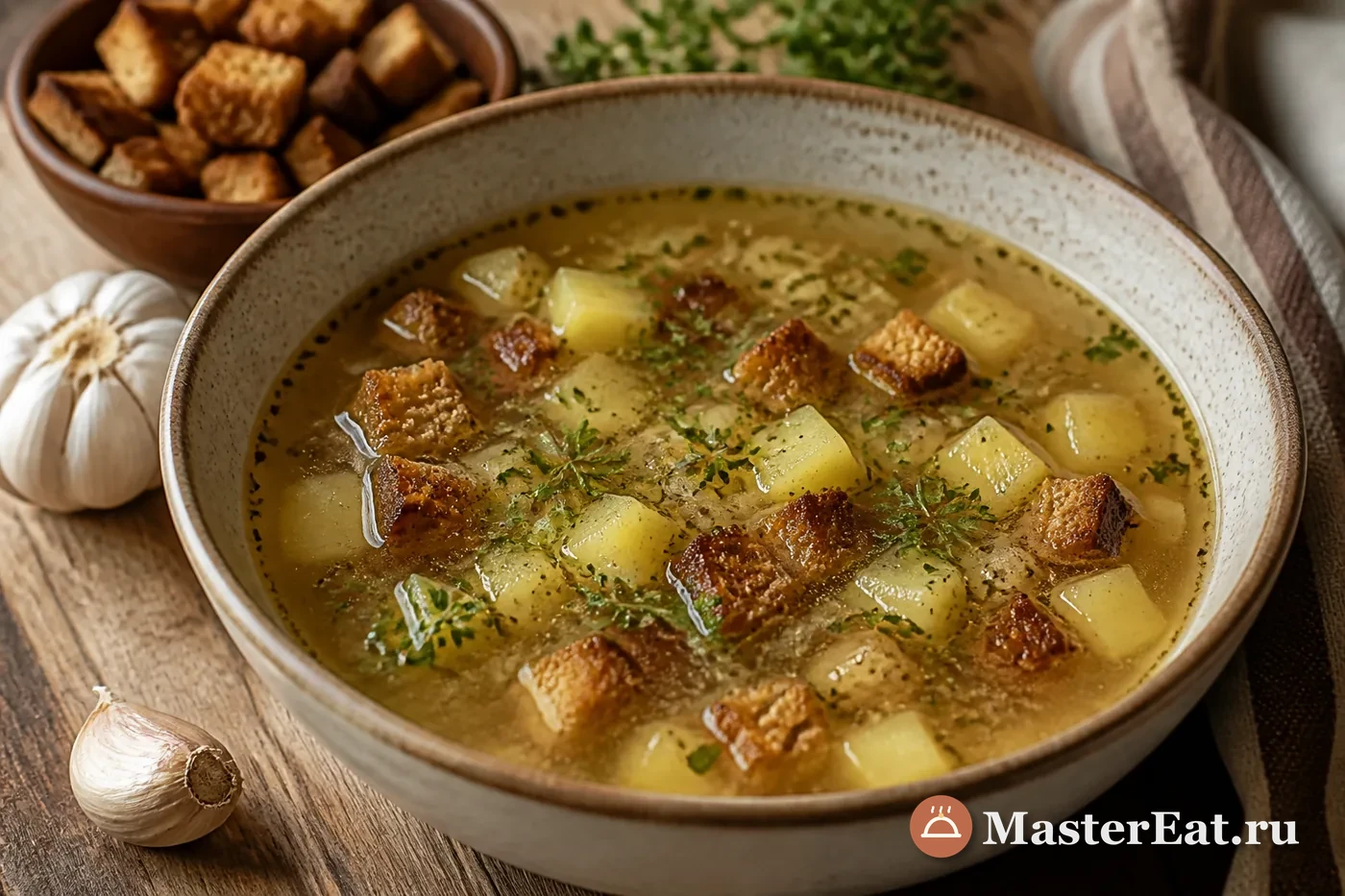 Чешский чесночный суп чеснечка с картофелем и гренками