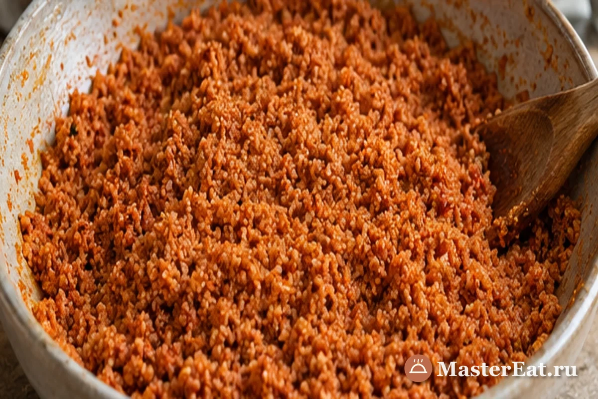 Мелкий булгур набухает в пряной томатно-перечной основе