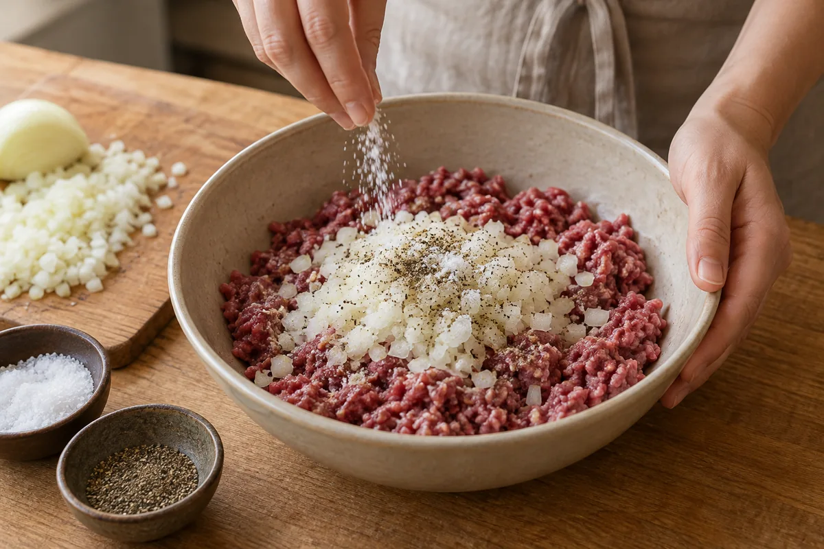 Шаг 3: Смешайте мясной фарш с мелко нарезанным луком, добавьте соль и перец.