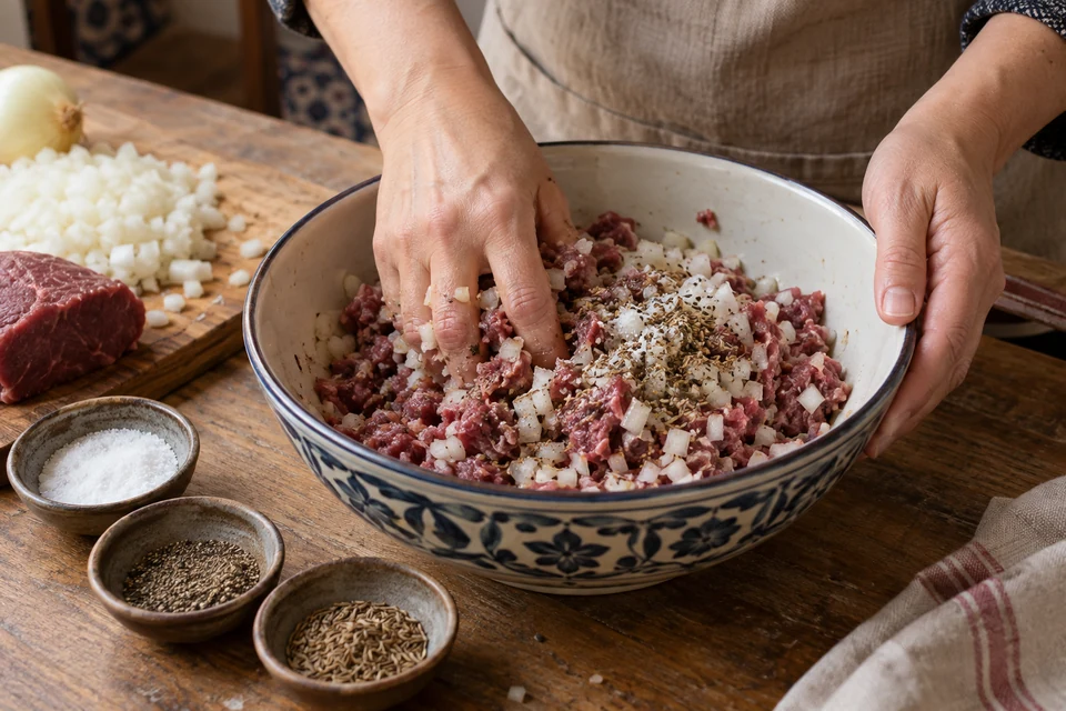 Шаг 2: Начинка: Смешайте мелко нарезанное мясо, лук, специи.