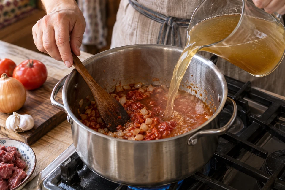 Шаг 7: Бульон: В кастрюле обжарьте лук и томатную пасту, влейте бульон.