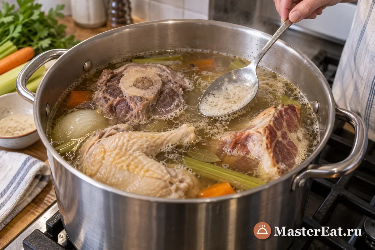 Мясо и кость варятся для бульона косидо