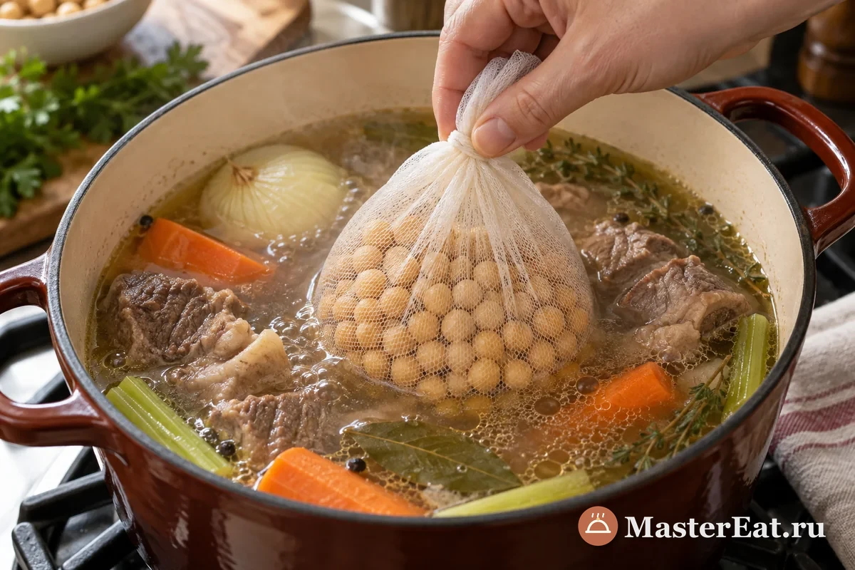 Нут готовится в бульоне с мясом и овощами