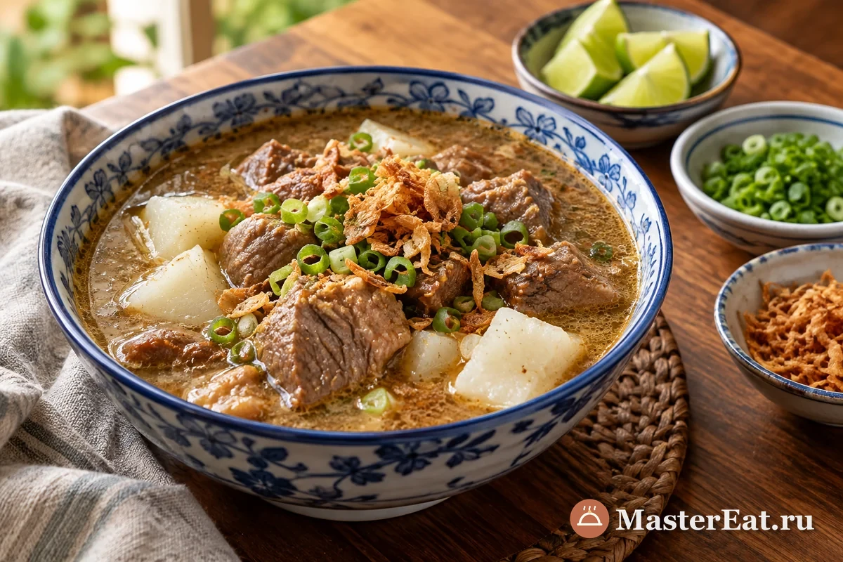 Кото Макассар – говяжий суп с рубцом, арахисом и рисом