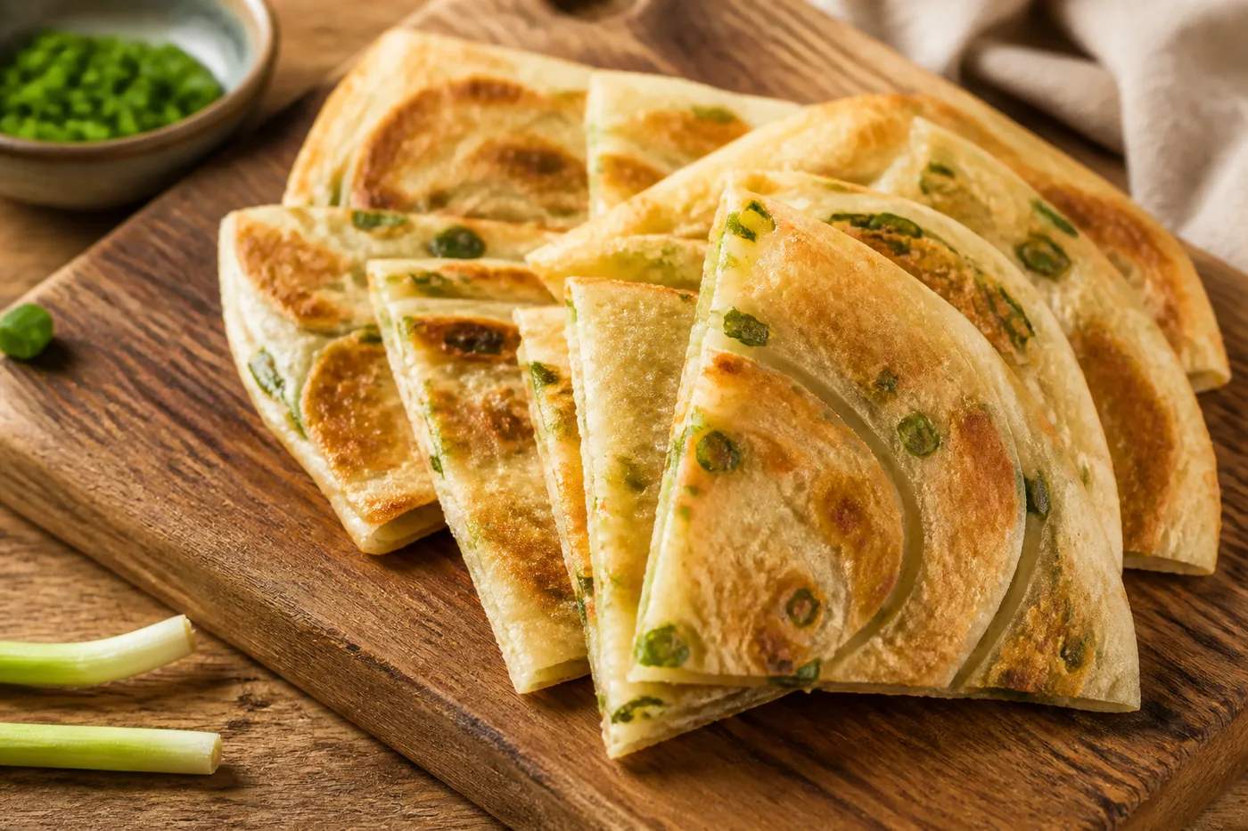 Китайские слоёные лепёшки цунъюбин с зелёным луком
