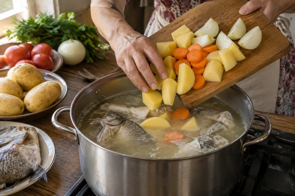 Шаг 5: Нарежьте картофель крупными кусками, морковь кружками, оставшийся лук четвертинками и варите в бульоне 15 минут.