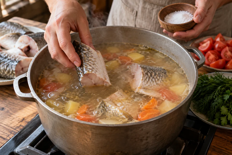 Шаг 7: Положите мясистые куски рыбы, добавьте соль и варите 10 минут при едва заметном кипении.