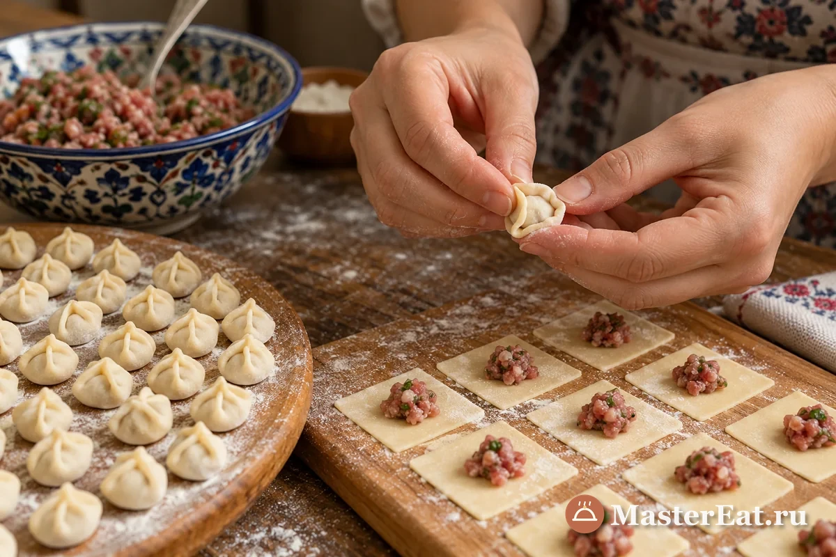 Маленькие пельмени дюшбара лепят вручную