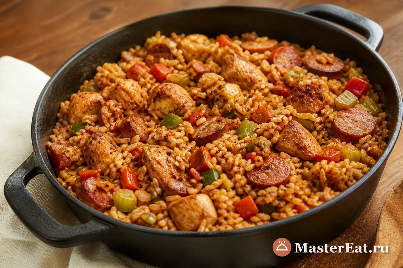 Луизианская джамбалайя с курицей, колбасками и рисом