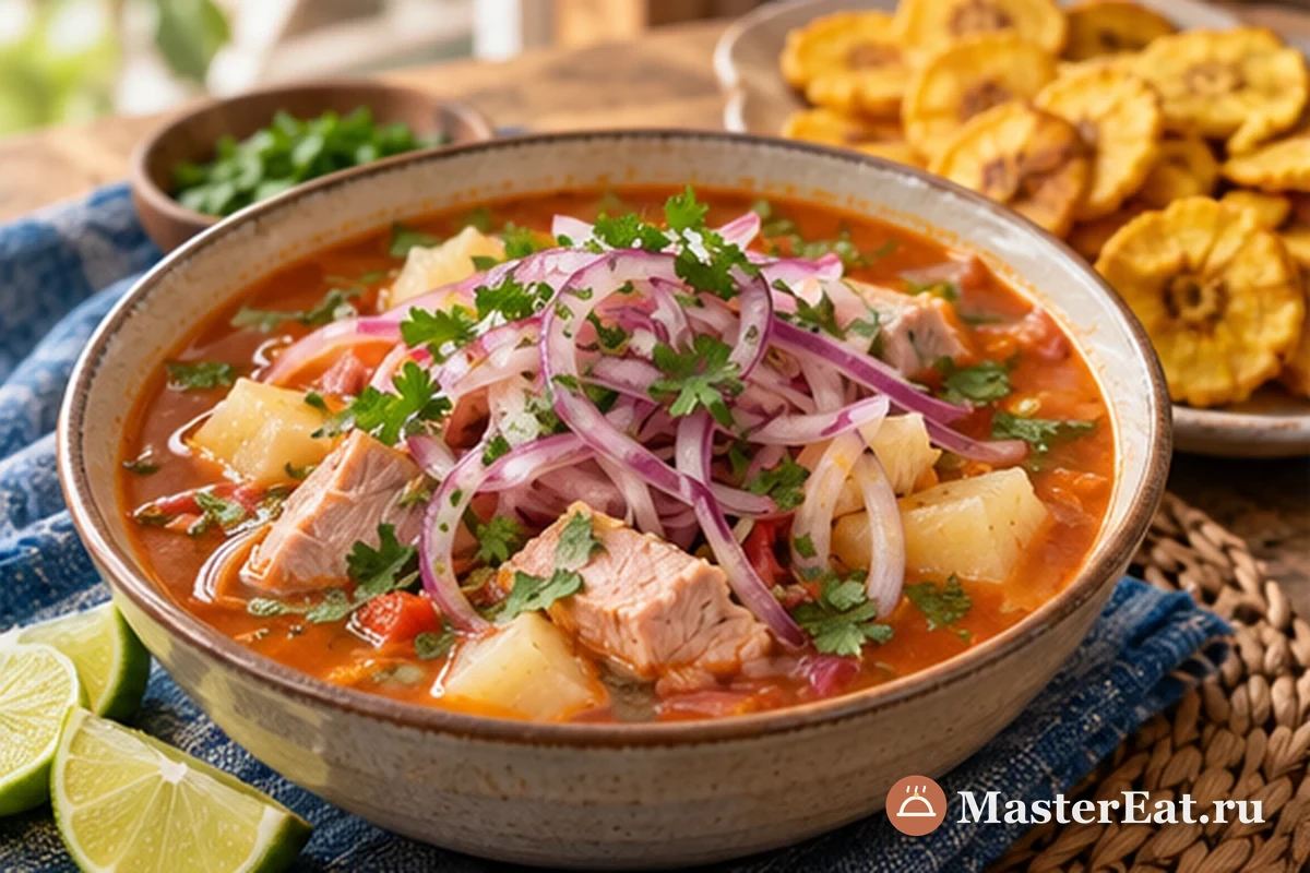 Эквадорский энсебольядо с тунцом, юкой, красным луком и лаймом