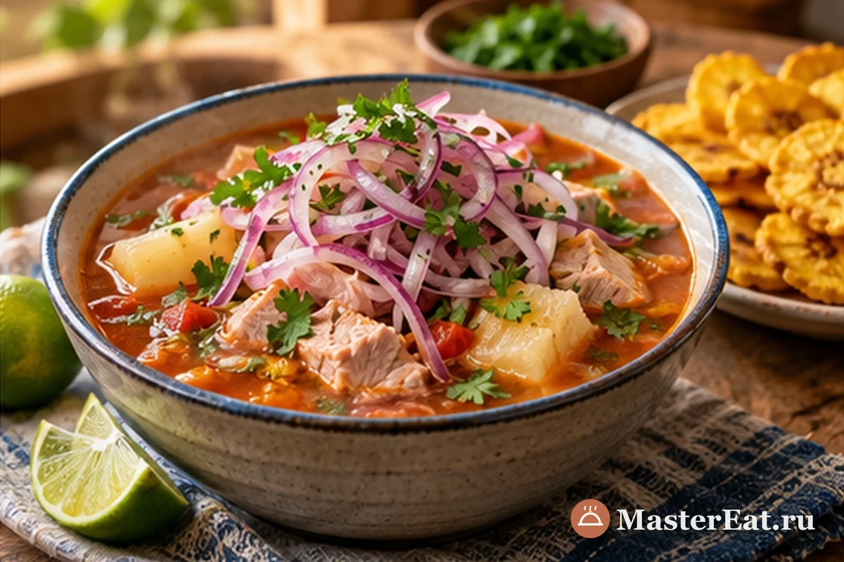 Энсебольядо подают с маринованным луком, кинзой и чипсами