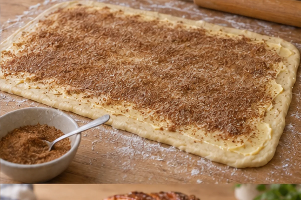 Шаг 5: Тесто смазано маслом, корицей и сахаром