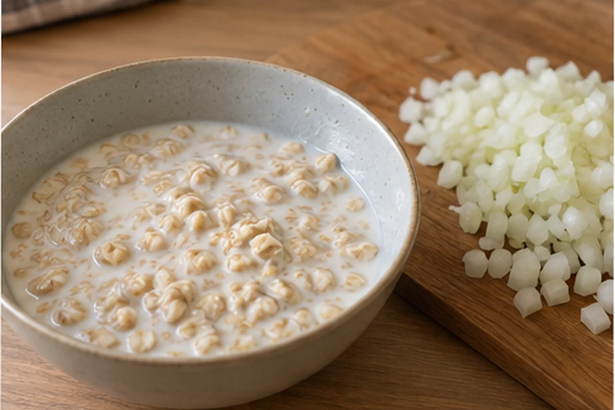Фарш смешивают с луком, яйцом и овсяными хлопьями