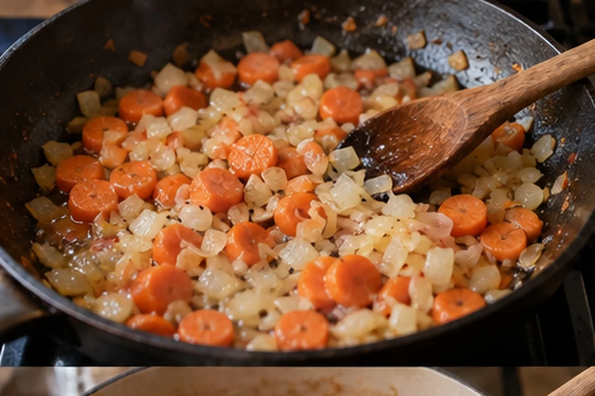 Лук и морковь обжаривают с кубиками шпика.
