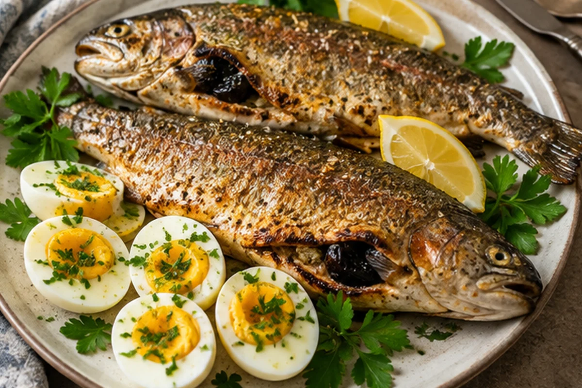 Готовая форель с черносливом и запечённой яичной смесью