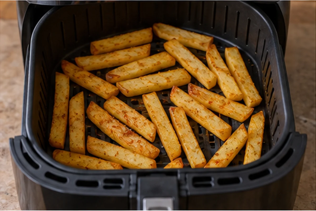 Разогрейте аэрогриль до 190 °C и уложите картофель свободным слоем.