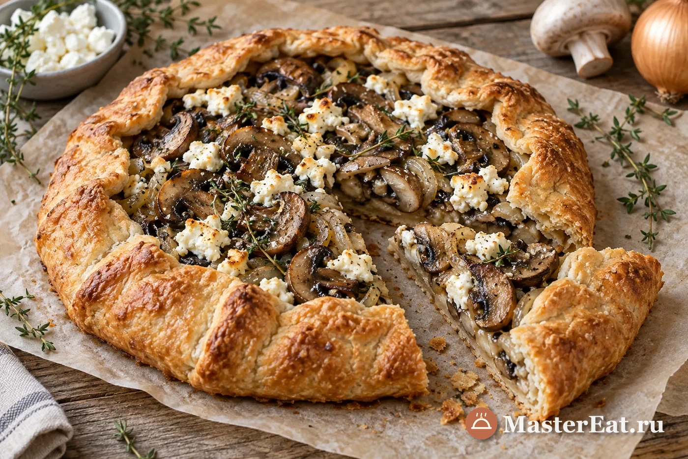 Галета с шампиньонами, луком и мягким сыром в разрезе