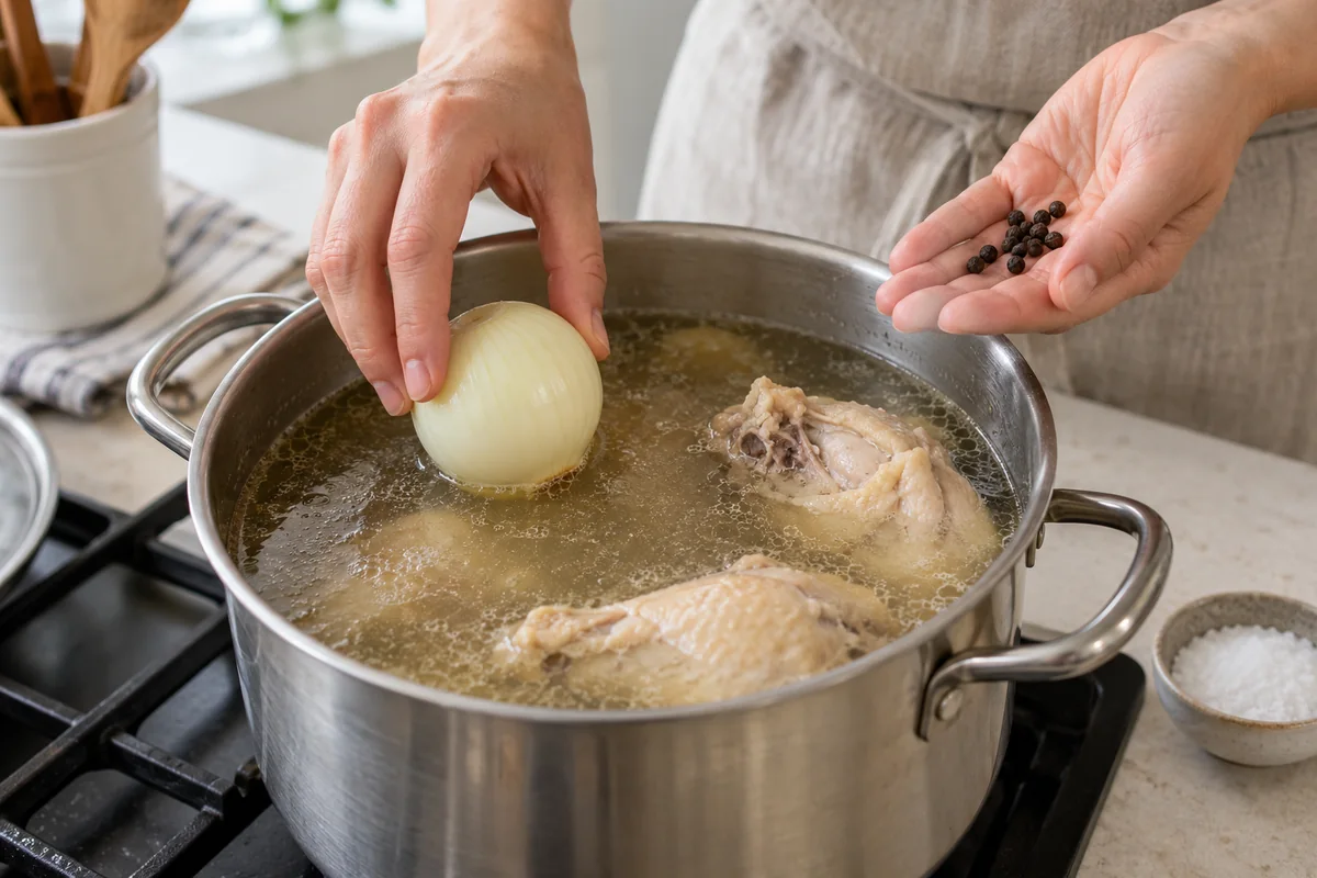 Галнаш с курицей и чесночным соусом, шаг 2: Добавьте очищенную луковицу, чёрный перец и 8 г соли и варите курицу при слабом кипении 50–60 минут.