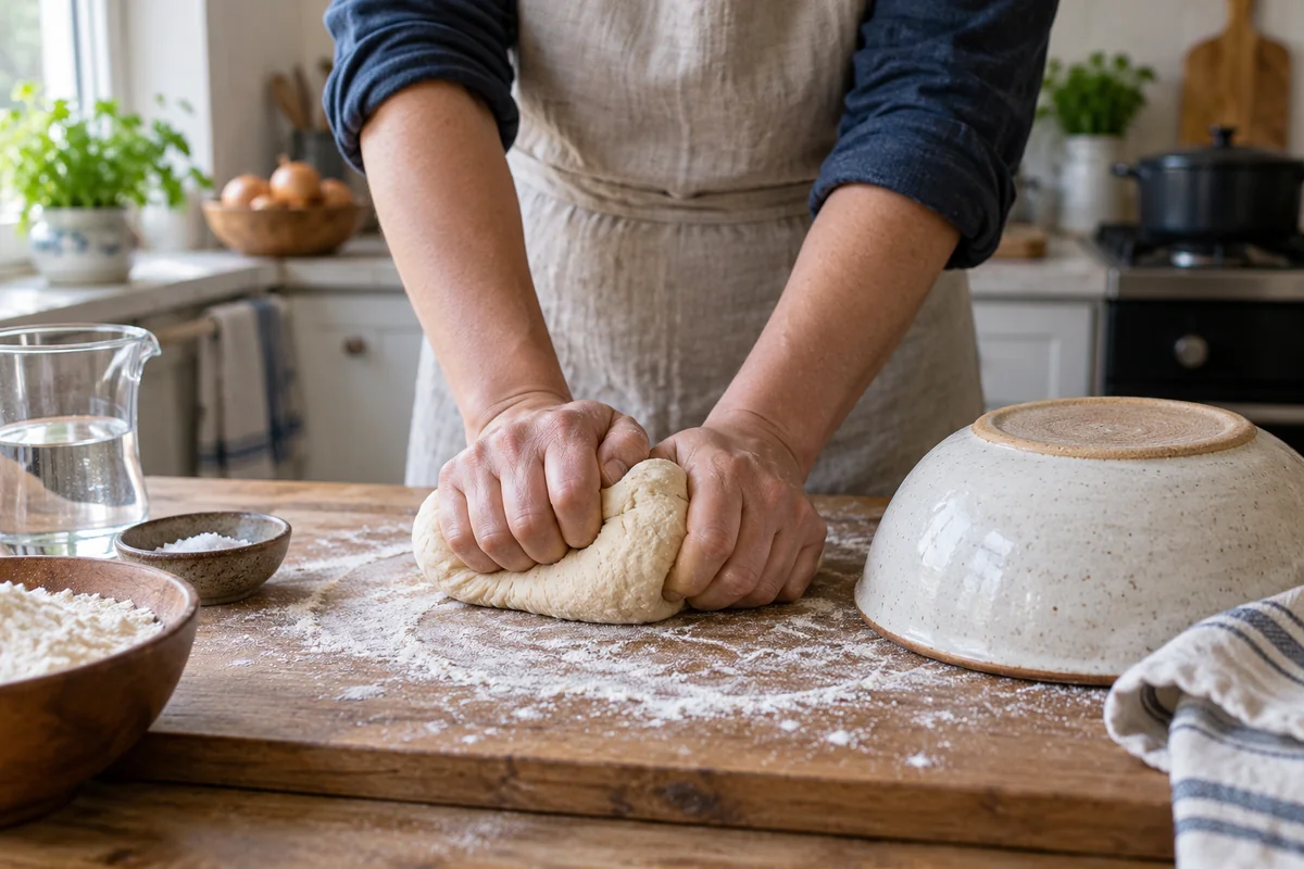 Галнаш с курицей и чесночным соусом, шаг 3: Смешайте муку с 6 г соли, влейте 280 мл воды, замесите плотное тесто и оставьте его под миской на 15 минут.