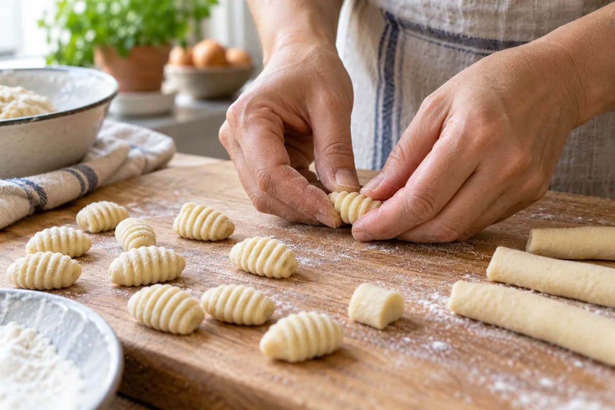 Галнаш с курицей и чесночным соусом, шаг 5: Разделите тесто на жгуты толщиной около 2 см, нарежьте кусочками и протяните каждый кусочек пальцами в короткую рифлёную галушку.