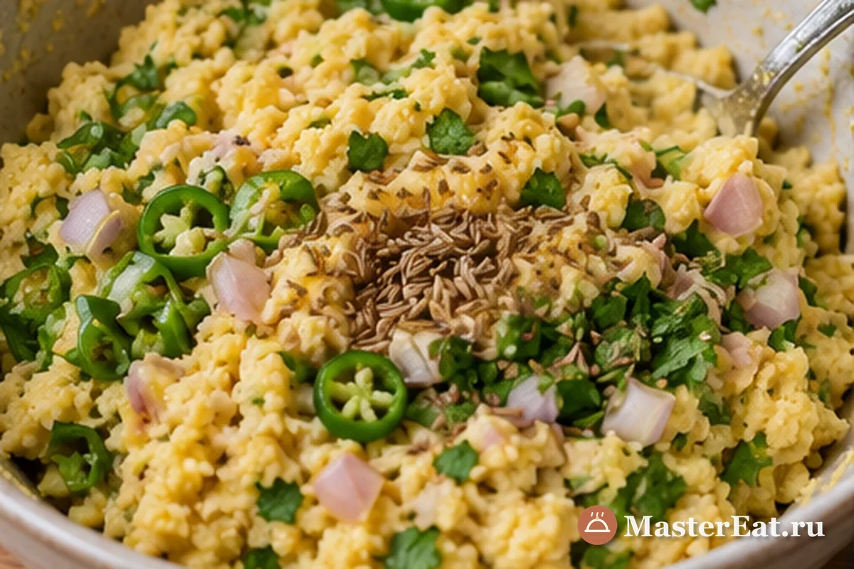 Гороховая масса смешана с чили, луком, чесноком, кинзой и зирой