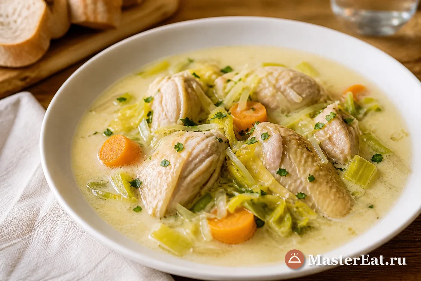Гентский ватерзой с курицей, овощами и сливочным бульоном