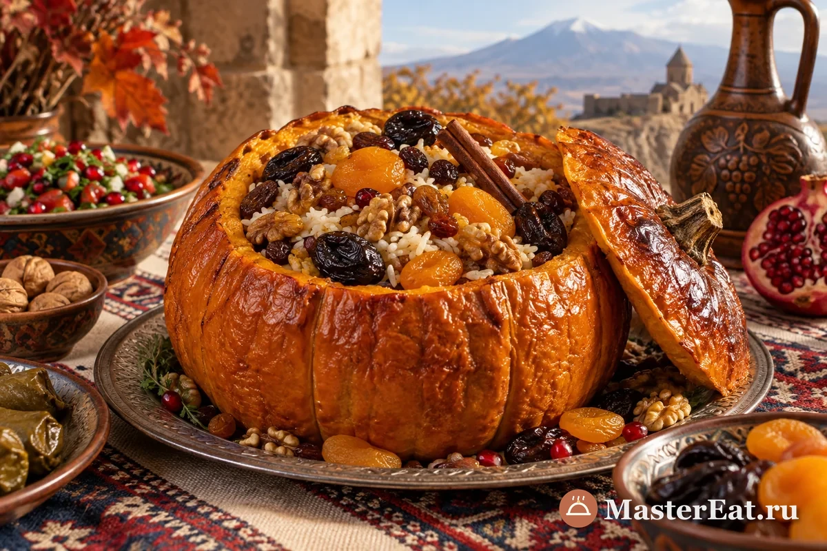 Армянская запечённая тыква гапама с рисом, сухофруктами и орехами