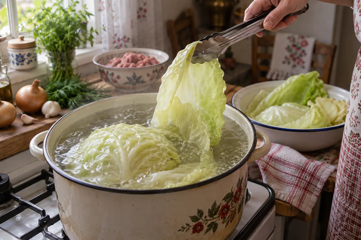 Капустные листья, размягчённые в кипятке