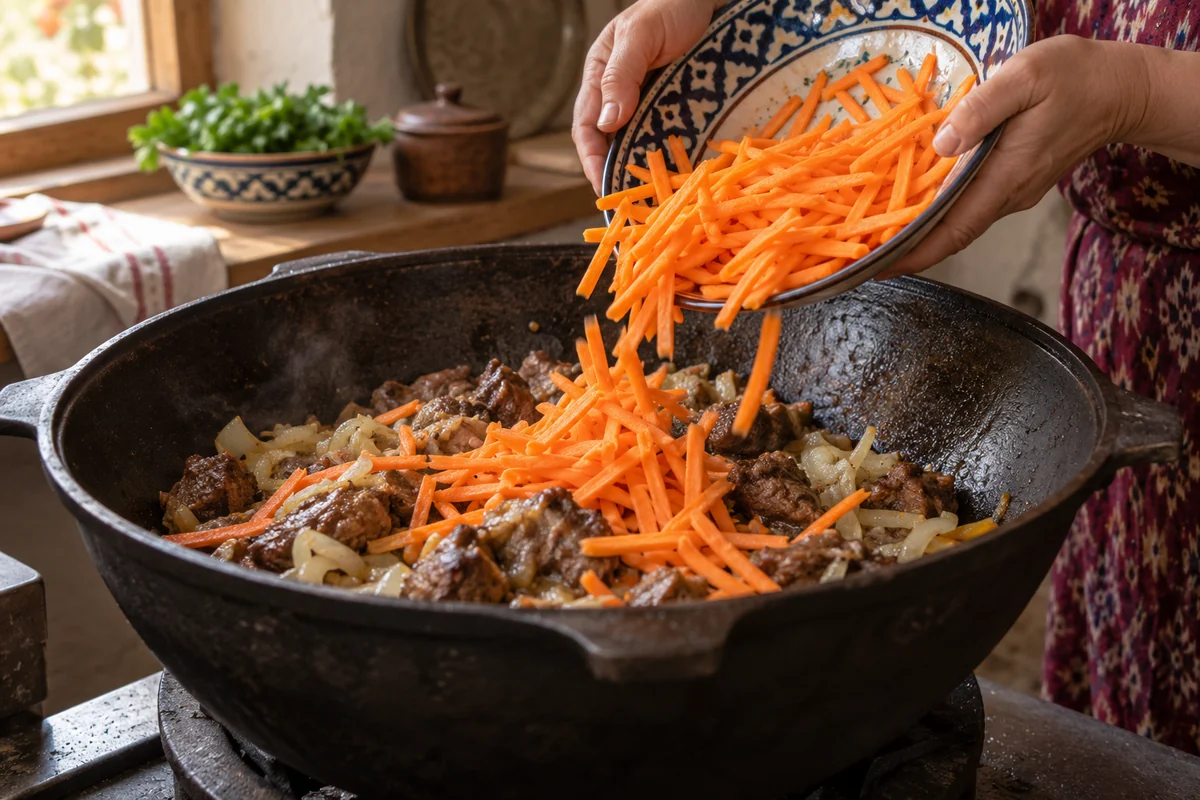 Говурма, шаг 4: Морковь можно нарезать соломкой или кружочками и также добавить к мясу.