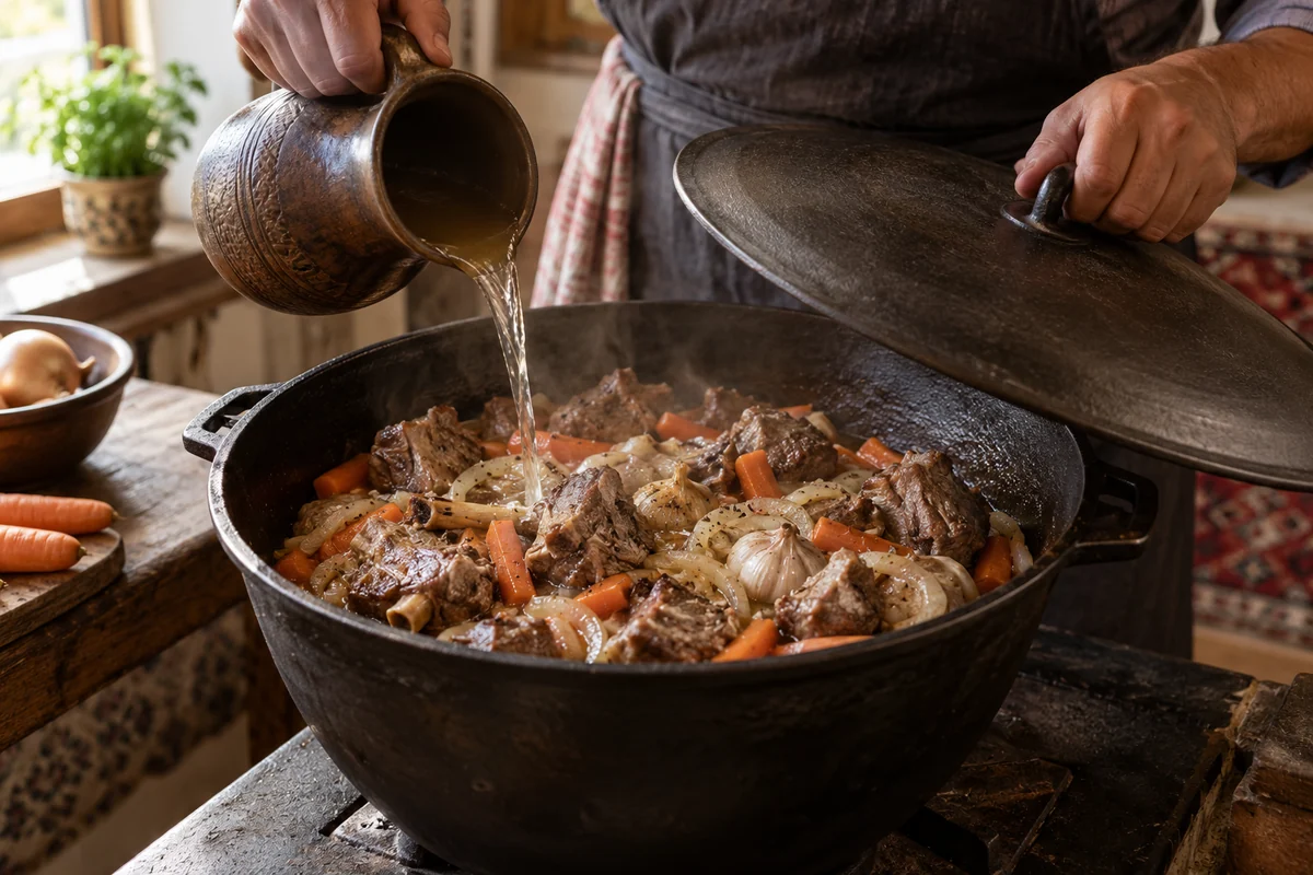 Говурма, шаг 7: Убавьте огонь, влейте немного воды (или мясного бульона), накройте крышкой и тушите 40–50 минут, пока мясо не станет мягким.