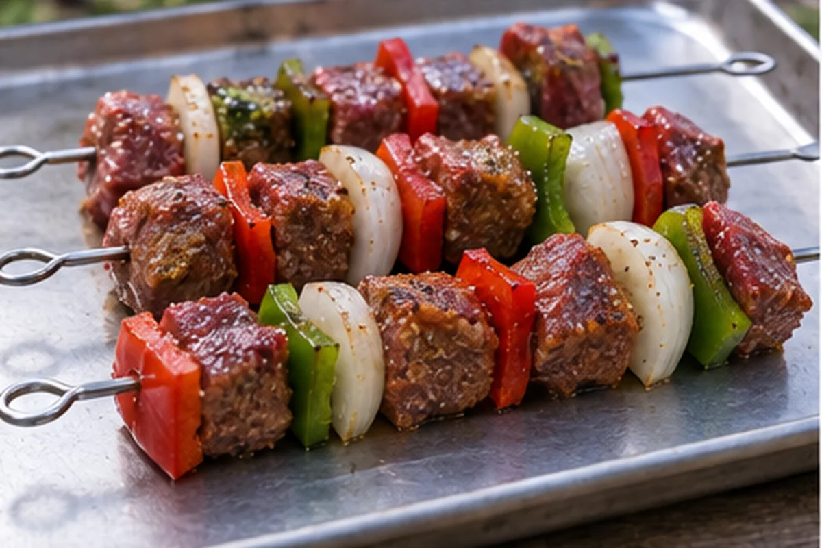 Шаг 4 – Нанижите мясо, перец и лук на шампуры свободно, не прижимая куски друг к другу