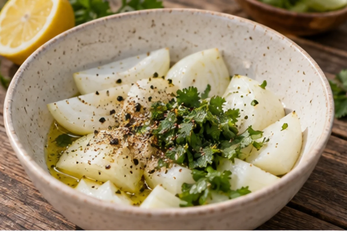 Шаг 2 – Нарежьте лук крупными дольками, смешайте масло, лимонный сок, соль, кориандр и чёрный перец