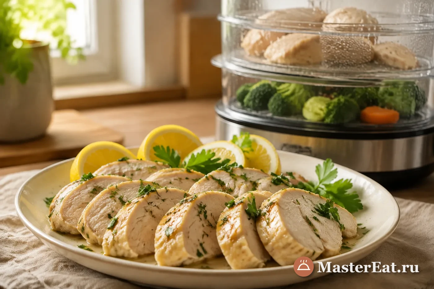Сочная нарезанная куриная грудка с зеленью и лимоном на светлой тарелке