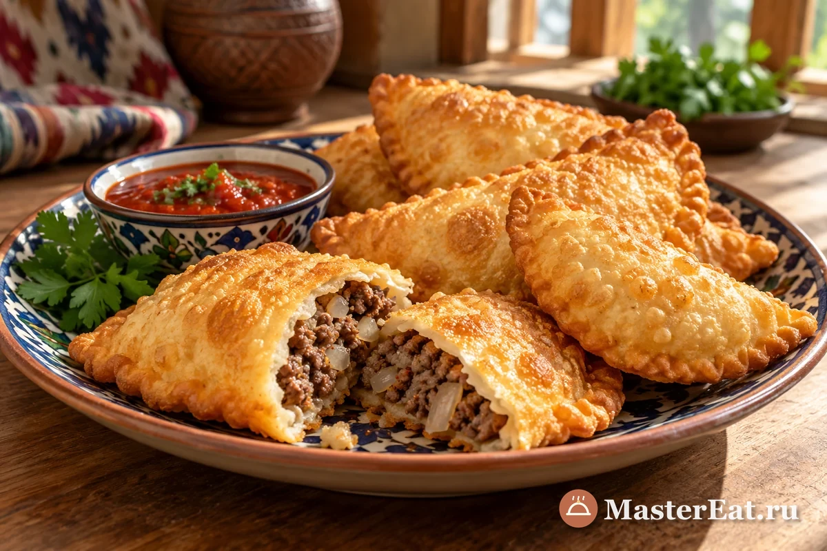 Жареная хорезмская гумма с говядиной и луком, золотистые пирожки с тонким тестом