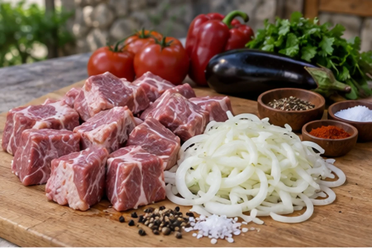 Шаг 1 – Нарежьте свиную шею кусками по 45–50 г, лук тонкими полукольцами