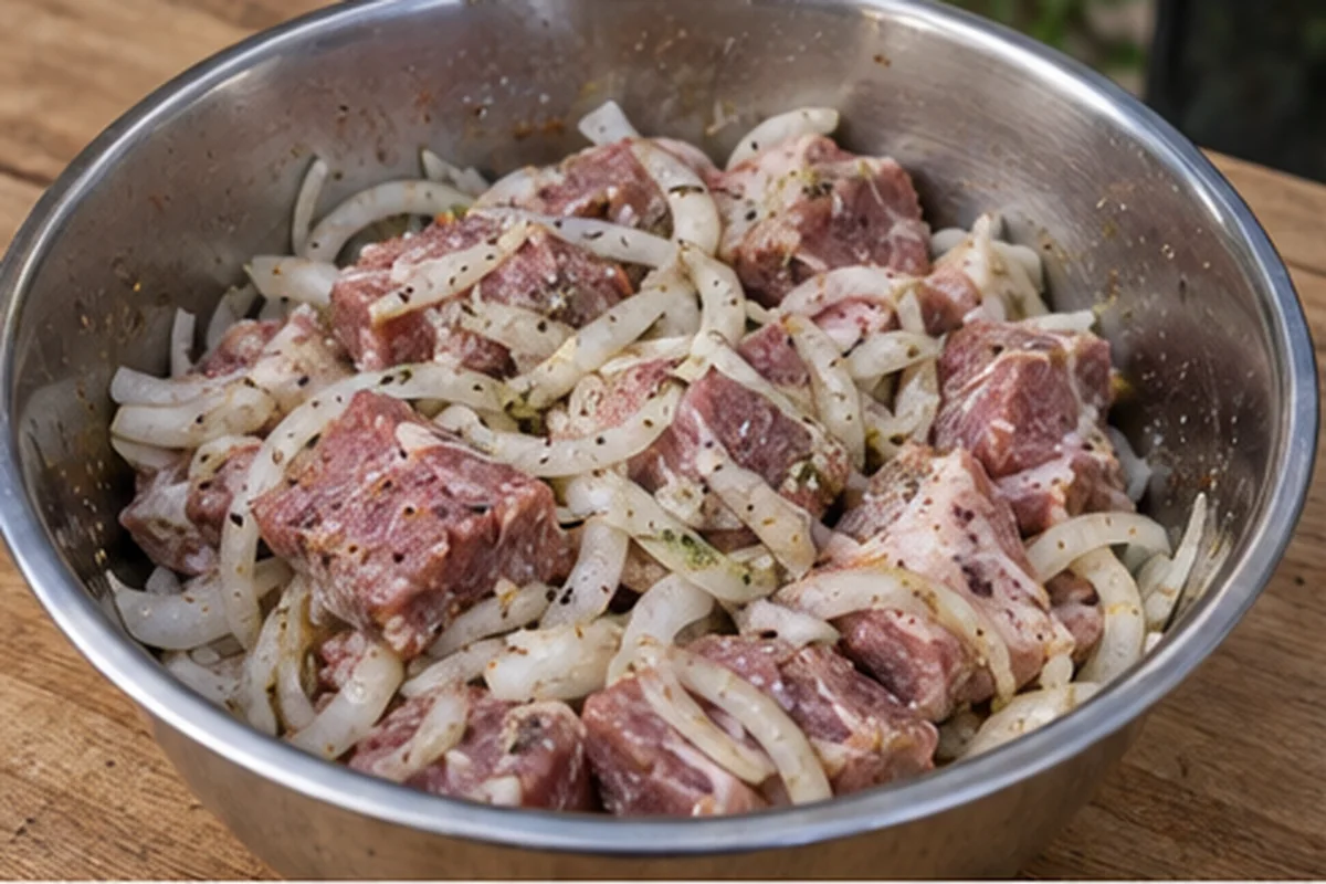 Шаг 2 – Смешайте мясо с луком, перцем, кориандром и паприкой, хорошо помните лук руками