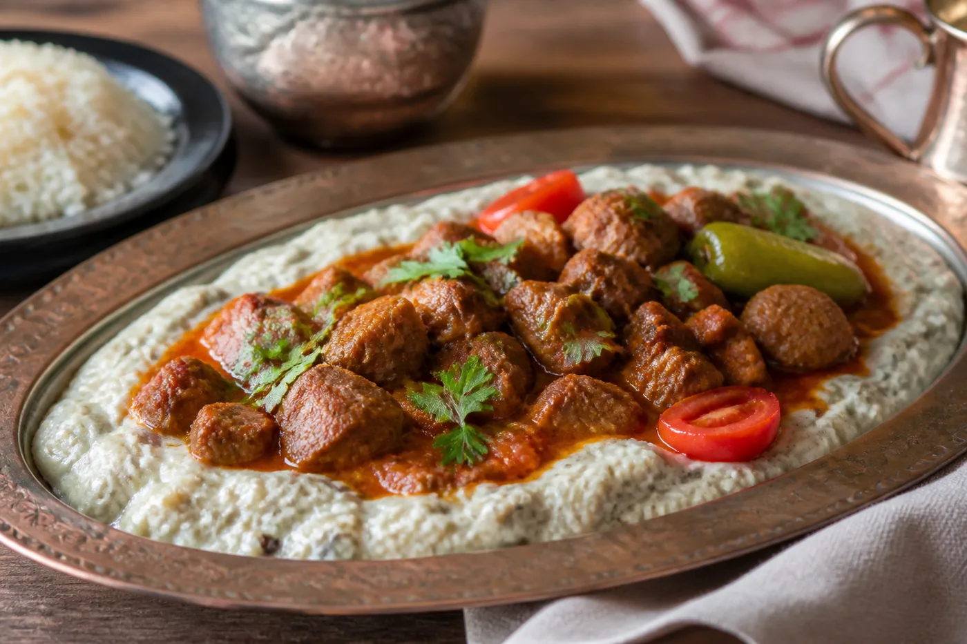 Хюнкяр бегенди с бараниной и баклажанным пюре