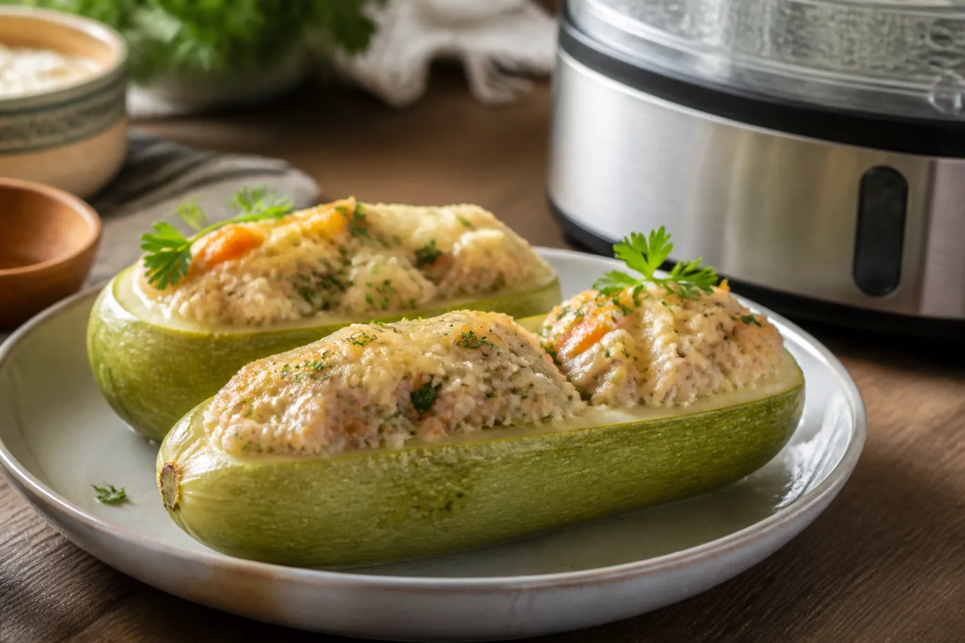 Кабачки, фаршированные курицей, в пароварке