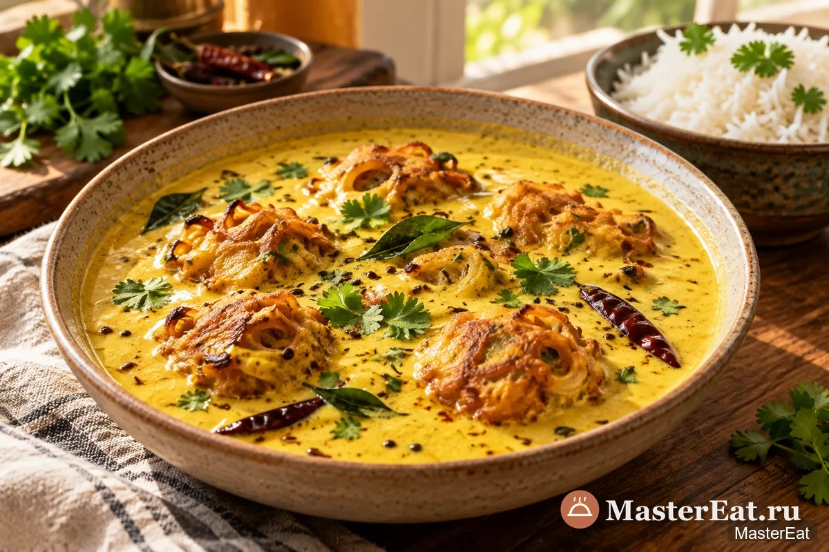 Пенджабская кхадхи с луковыми пакорами и пряной заправкой