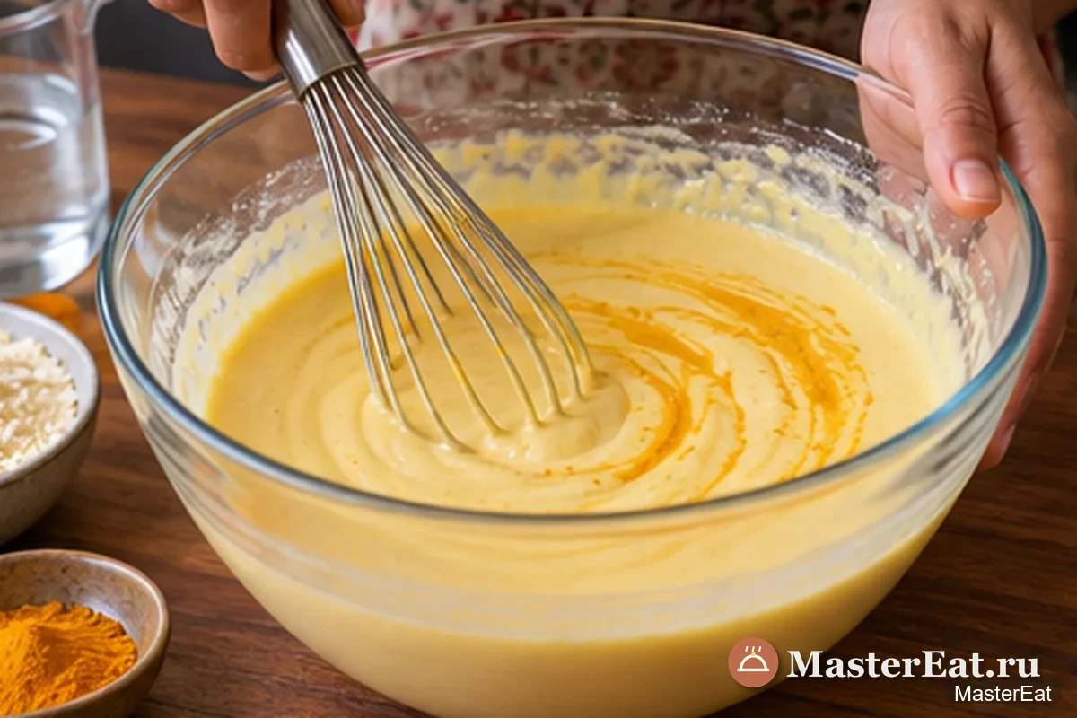 Кхадхи с луковыми пакорами: Размешивают йогурт с нутовой мукой до гладкости