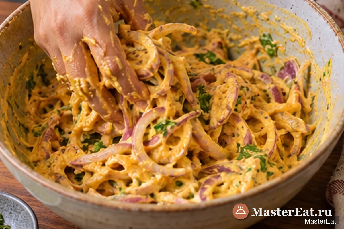 Кхадхи с луковыми пакорами: Смешивают лук с нутовой мукой для пакор