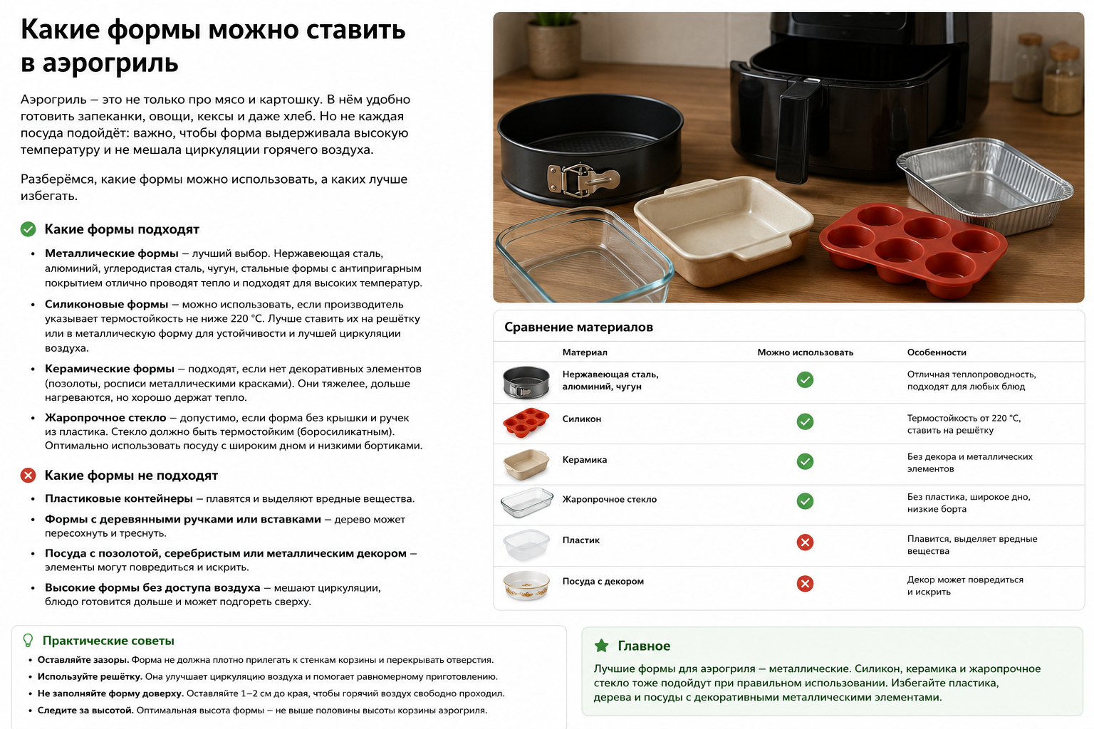 Инфографика о металлических, силиконовых, стеклянных и керамических формах для аэрогриля и материалах, которых следует избегать