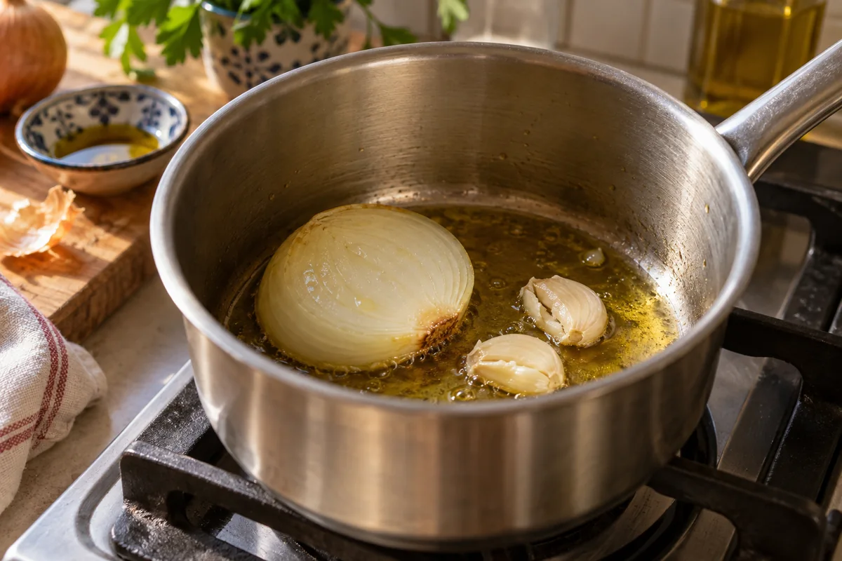 Лук и чеснок обжаривают в оливковом масле для куриного бульона