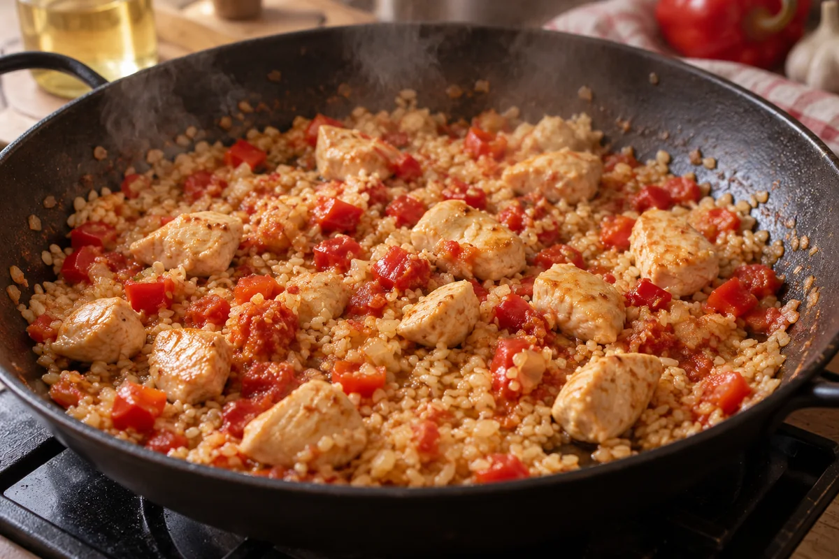 Вино выпаривается из риса с курицей, томатами и сладким перцем