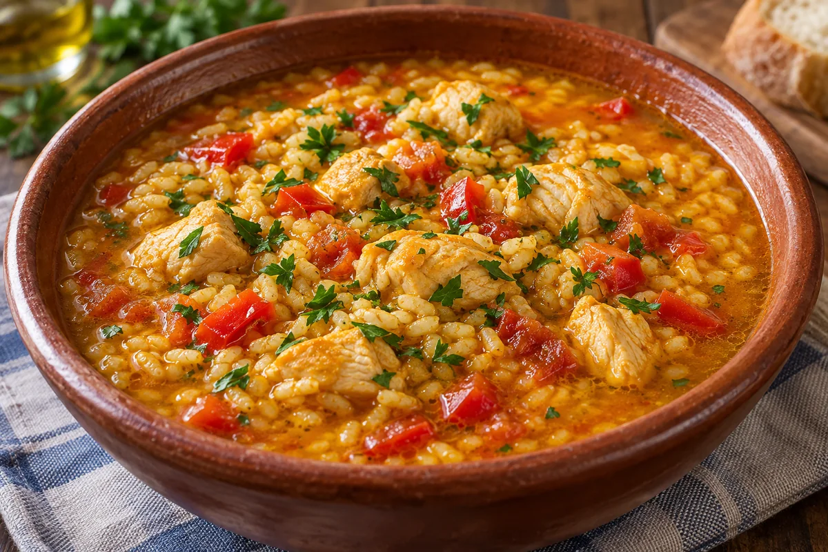 Кальдосо с курицей, рисом и овощами в шафрановом бульоне