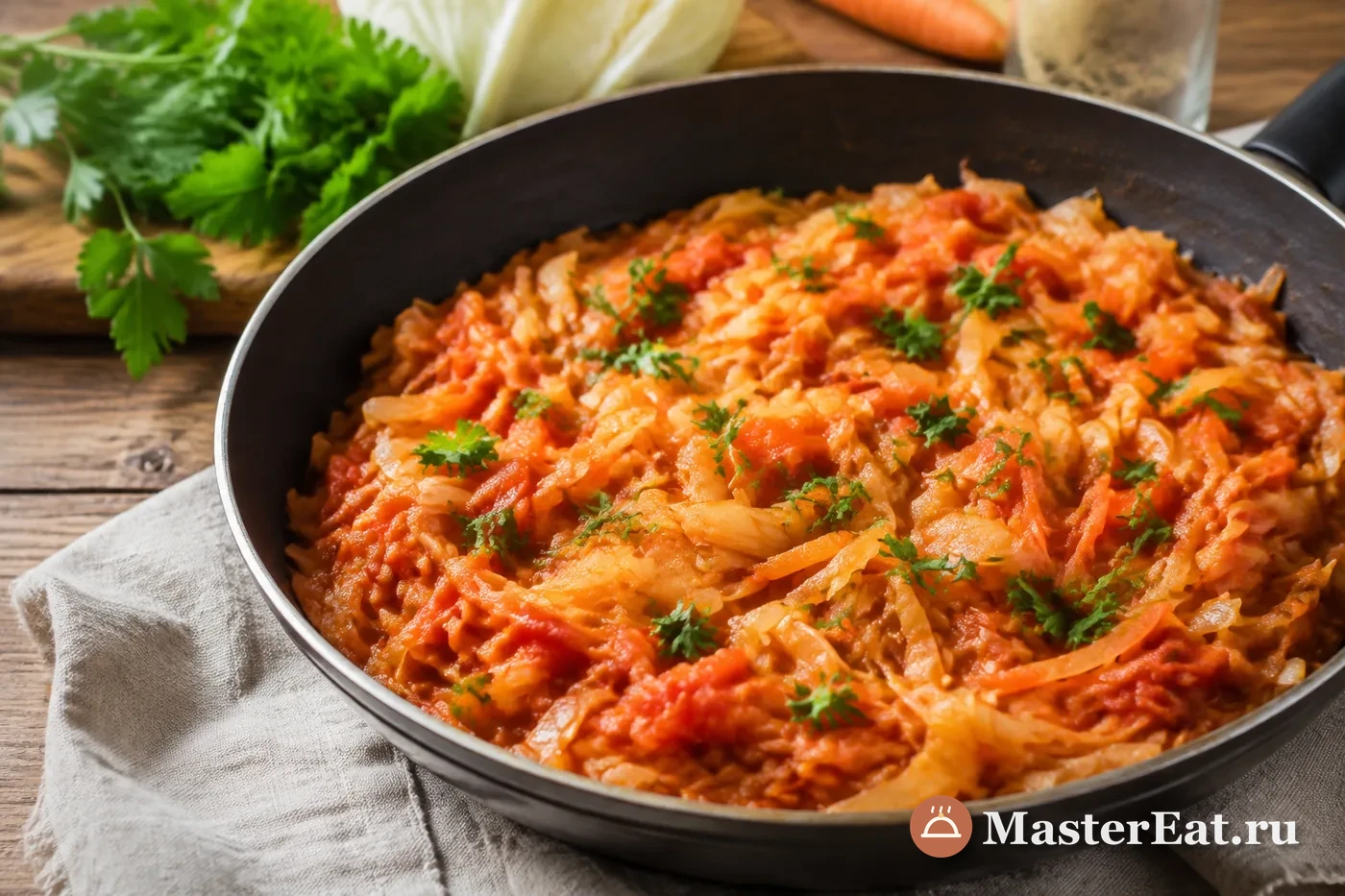Сочная тушёная белокочанная капуста с морковью и томатным соусом в широкой сковороде